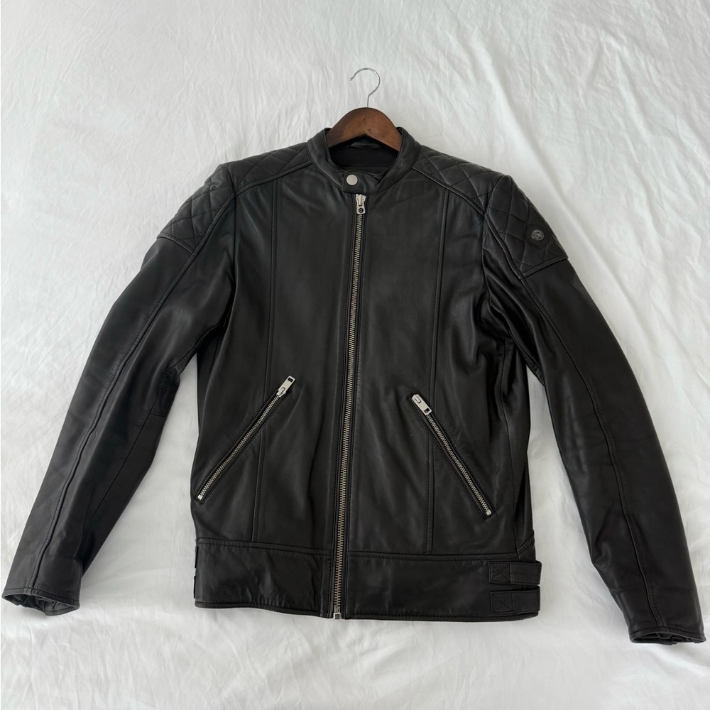 Diesel Black Sheepskin Leather Biker Jacket Men’s Size L – Quilted Shoulders